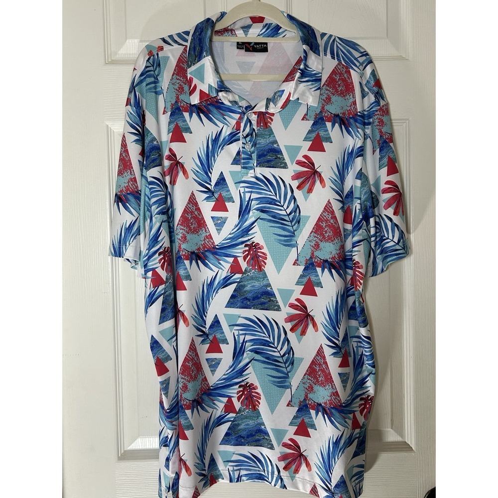 Yatta Golf Shirt Mens XL Blue Floral Performance Polo Geometric Palm Leaves